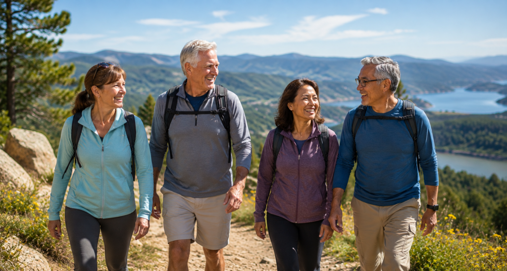 Four active adults over 50 hiking together on a scenic mountain trail.